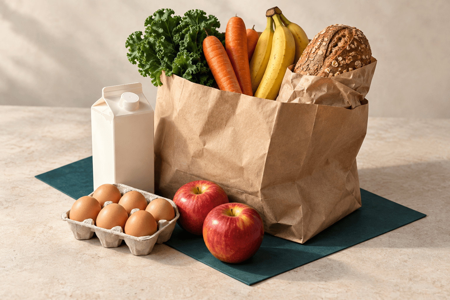 Nature morte illustrative d’un sac d’épicerie avec fruits et légumes, lait, œufs et pain sur une surface de pierre claire.