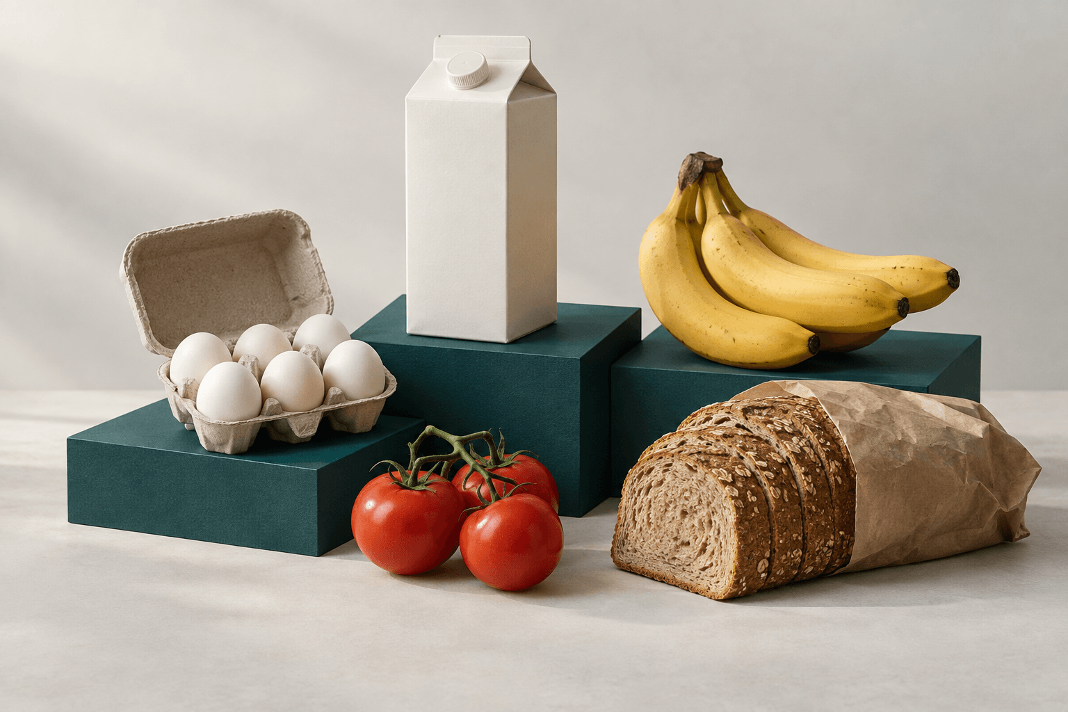 Illustrative studio still life of milk, eggs, tomatoes, bananas and bread on ink-teal blocks.